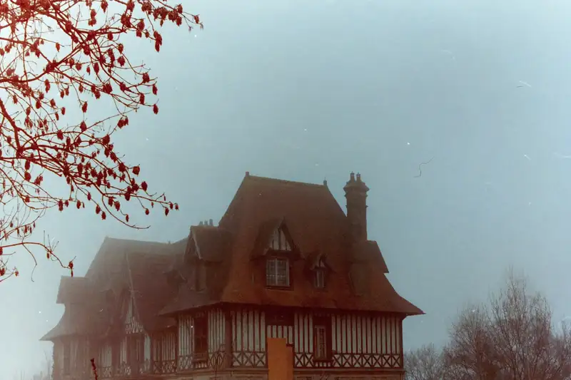 A steep-roofed timbered house seen through autumn leaves and mist.