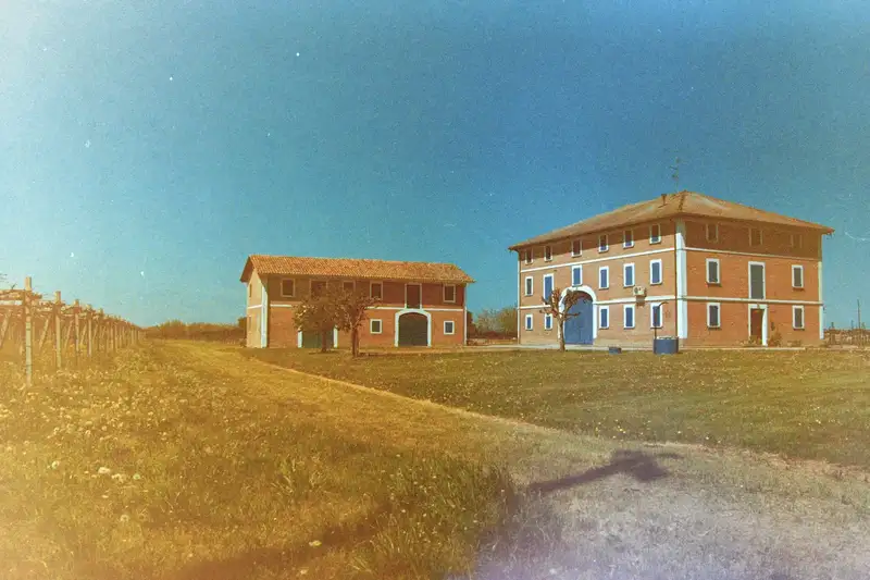 Two ornate villas on a grassy rise beneath a clear blue sky.